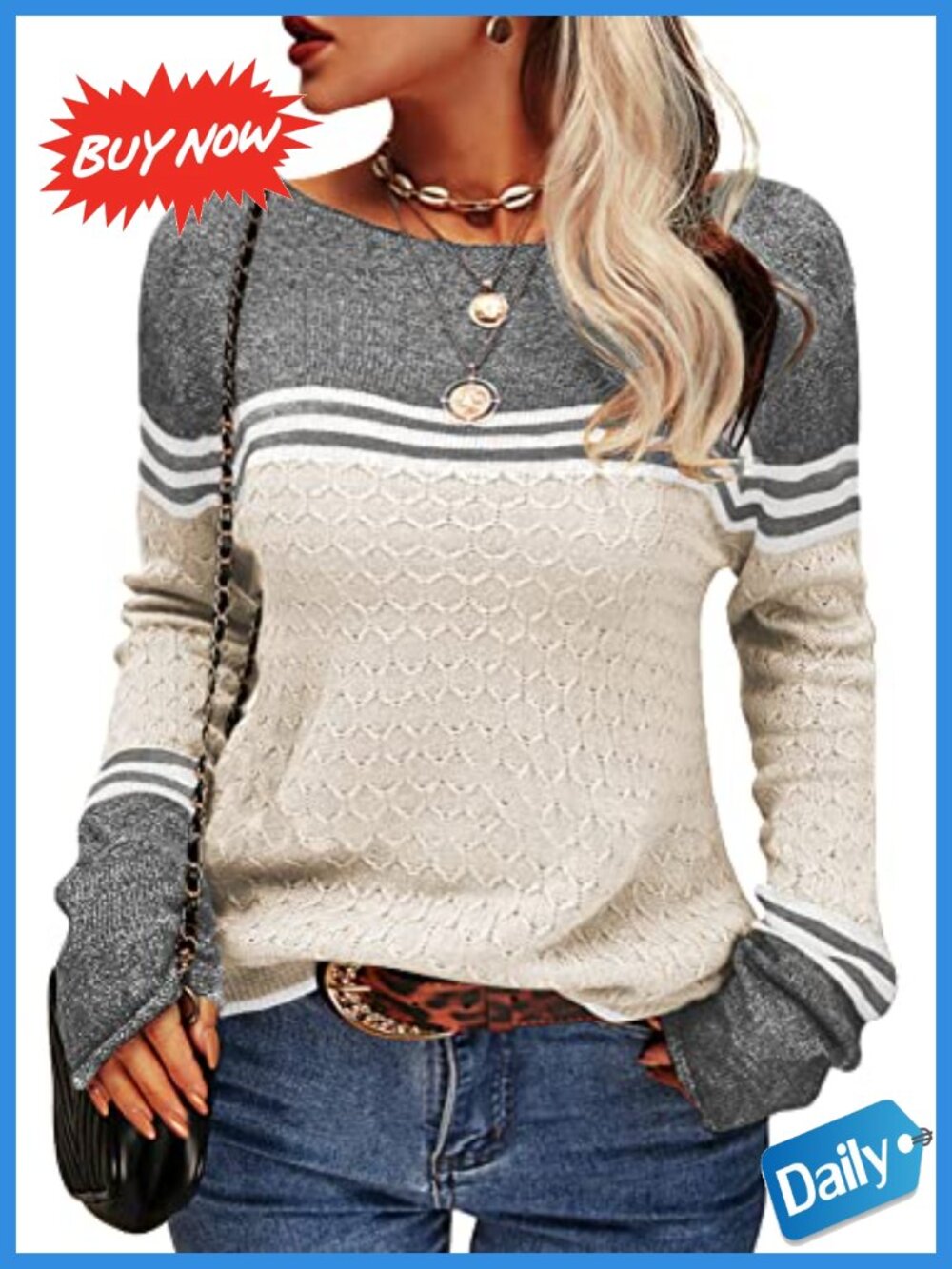 Women's Lightweight Colorblock Striped Crewneck Pullover Sweater Fall Winter